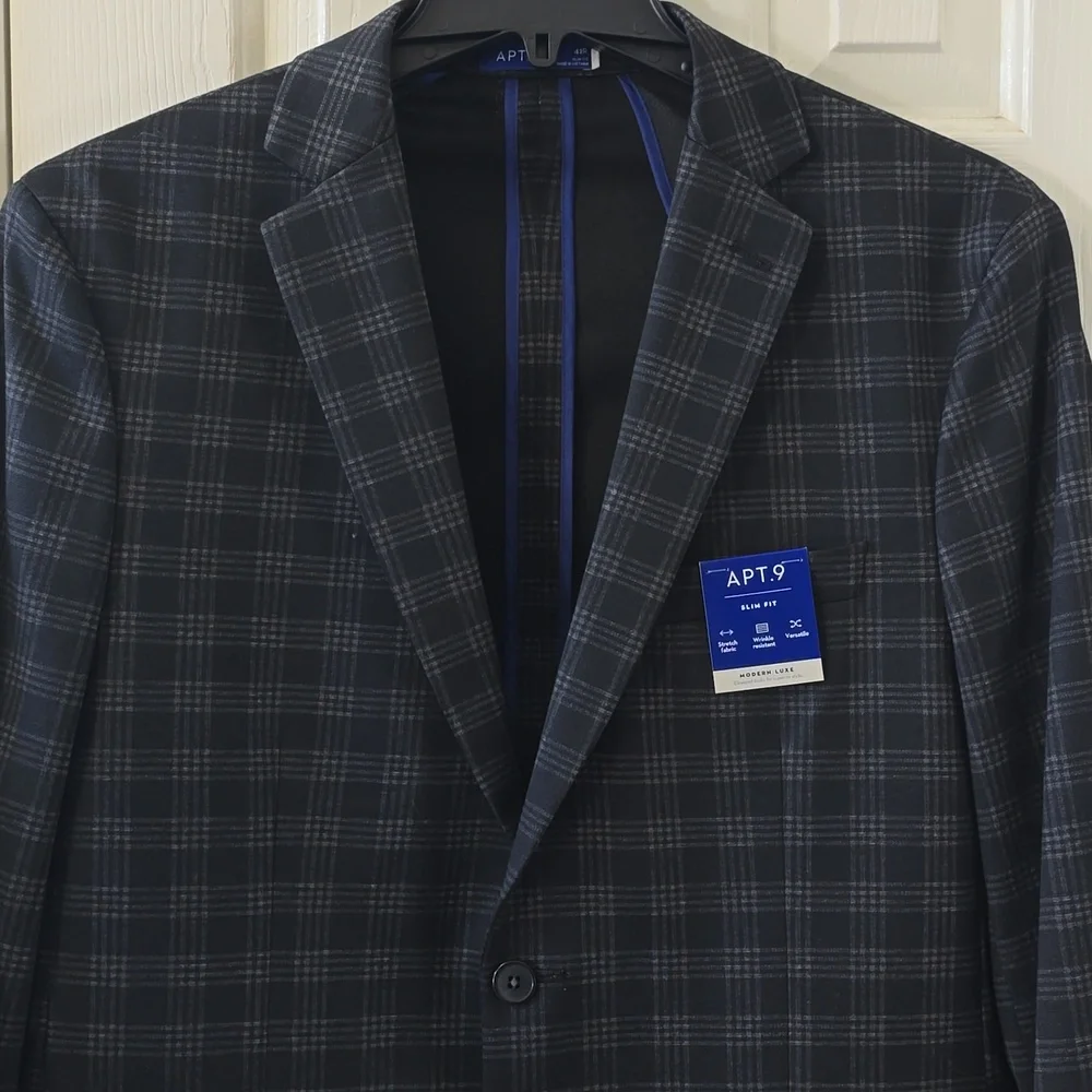 APT.9 BRAND MEN'S BLACK AND GREY PLAID SPORT COAT SIZE 42R SLIM FIT